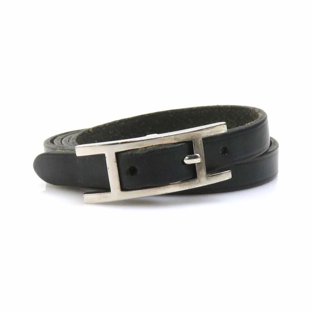 HERMES Silver Leather Charm Bracelet